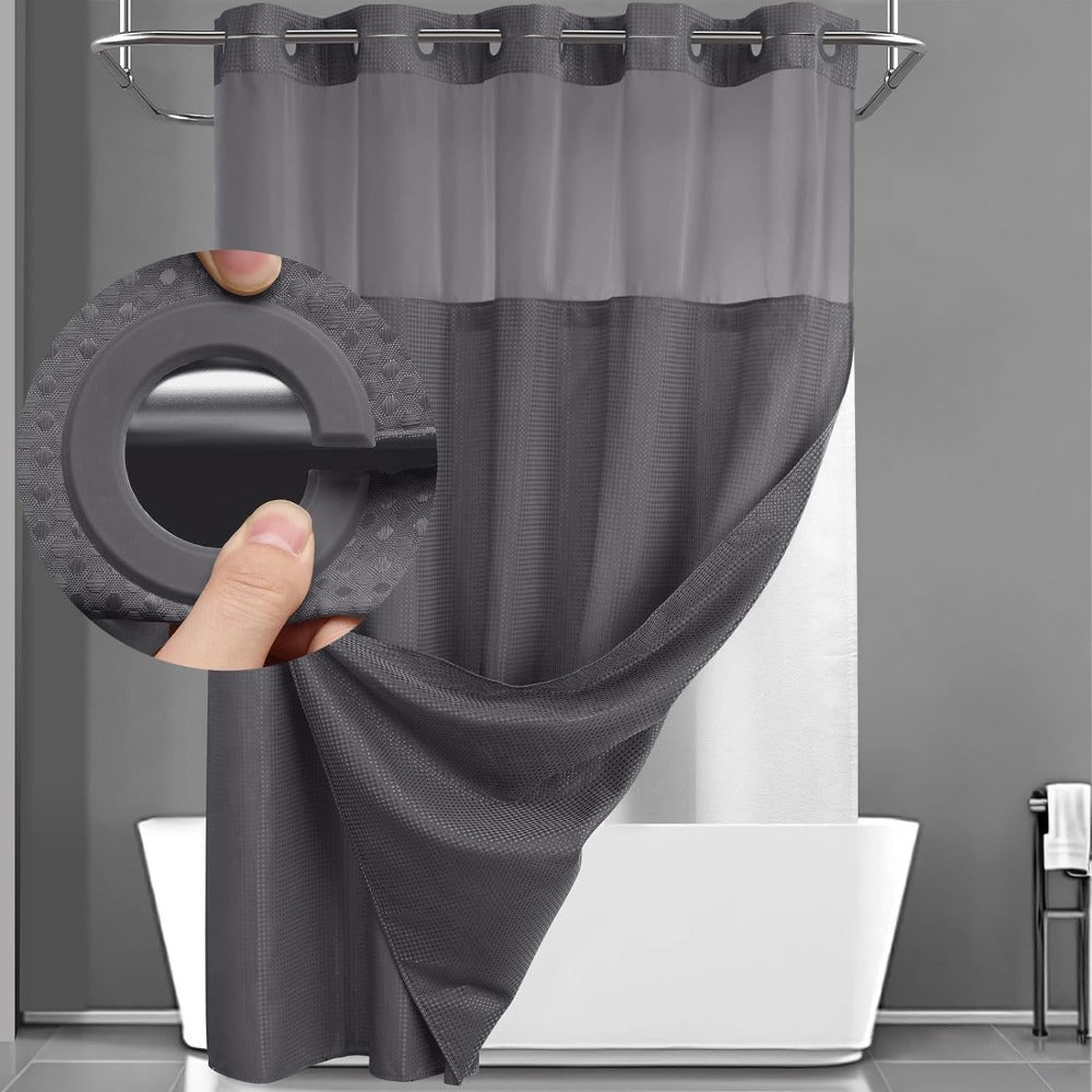 Hookless Shower Curtain with Snap Liner 74x71 Inch - Waffle Texture Double Layer with See-Through Window Waterproof Washable Hotel Quality Bathroom Curtain Set | Grey White Matcha  - product image
