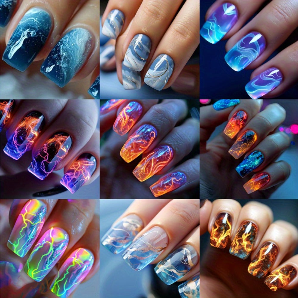 Green Glitter Press On Nails 216 Pieces 9 Packs – Medium Ballet Coffin False Nails with Lightning Bolt & Striped Bold Designs | Glossy Full Cover Removable Fake Nails for Women Gir - product image