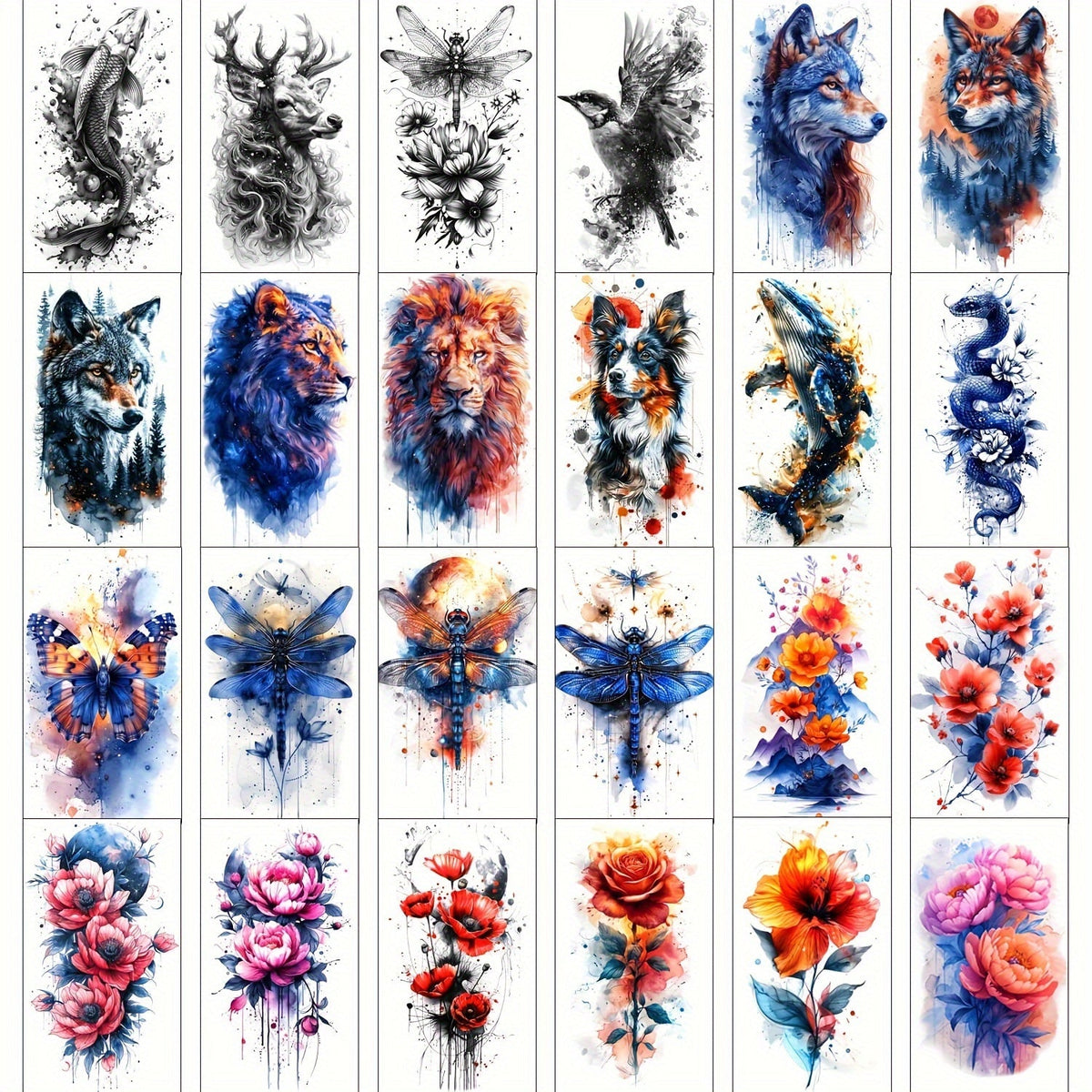 Watercolor Temporary Tattoos 24 Sheets for Women & Kids | Large Realistic Fake Tattoo Stickers Flower & Animal Designs Long Lasting Body Art Half Arm Tattoos - product image 8