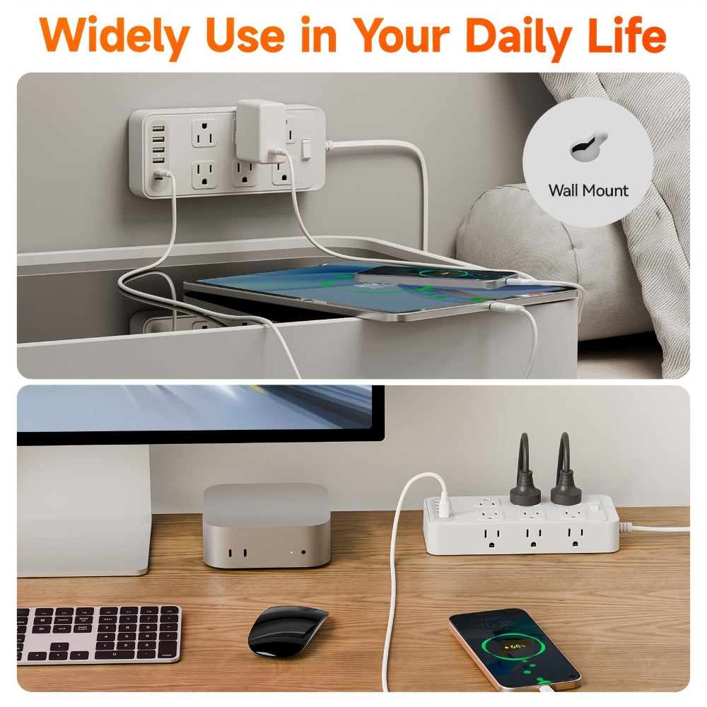 Charging Station Power Strip 18-in-1 with 12 AC Outlets 4 USB-A 2 USB-C Ports Surge Protector Flat Plug 5FT PVC Extension Cord Fire-Resistant for Home Office Travel Desk White Blac - product image 8