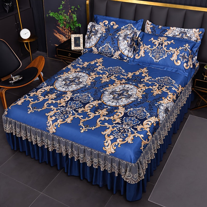 Floral Ruffle Bed Skirt Cool Mat 3 Piece Set with Pillowcase, Double Layer 360° Full Wrap Washable Cooling Mattress Cover, Breathable Summer Bedding Set for Twin Full Queen King, P - product image 36