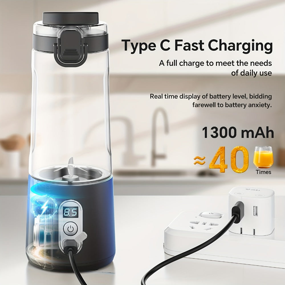 Portable Smoothie Blender USB-C Fast Charge 6-Blade Stainless Steel – Digital Timer Battery Display High-Speed Ice Crush No-Spill Lid | Protein Shake Gym Travel Blender in Black Pi - product image 10