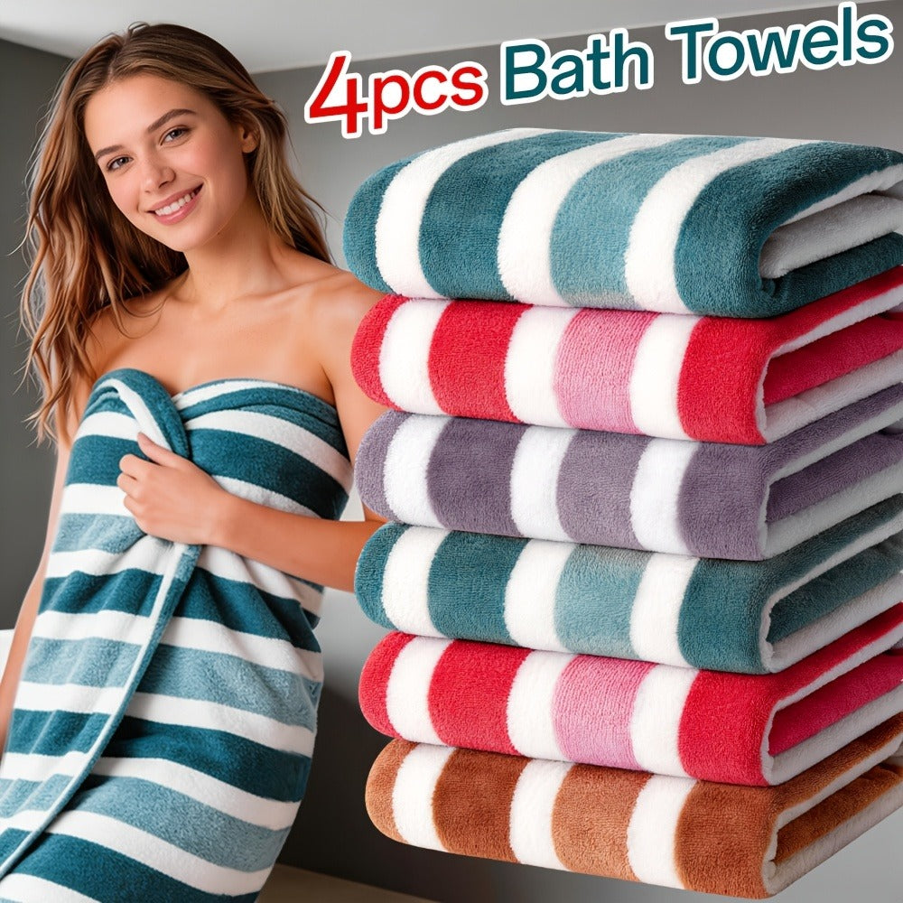 Striped Bath Towel Set 1 or 4 Pack 346GSM - 100% Polyester Super Soft Skin Friendly Absorbent Quick Dry | 70x140cm 27.6x55.1in | Green Gray Red Multi-Color | Home Bathroom Beach Es - product image