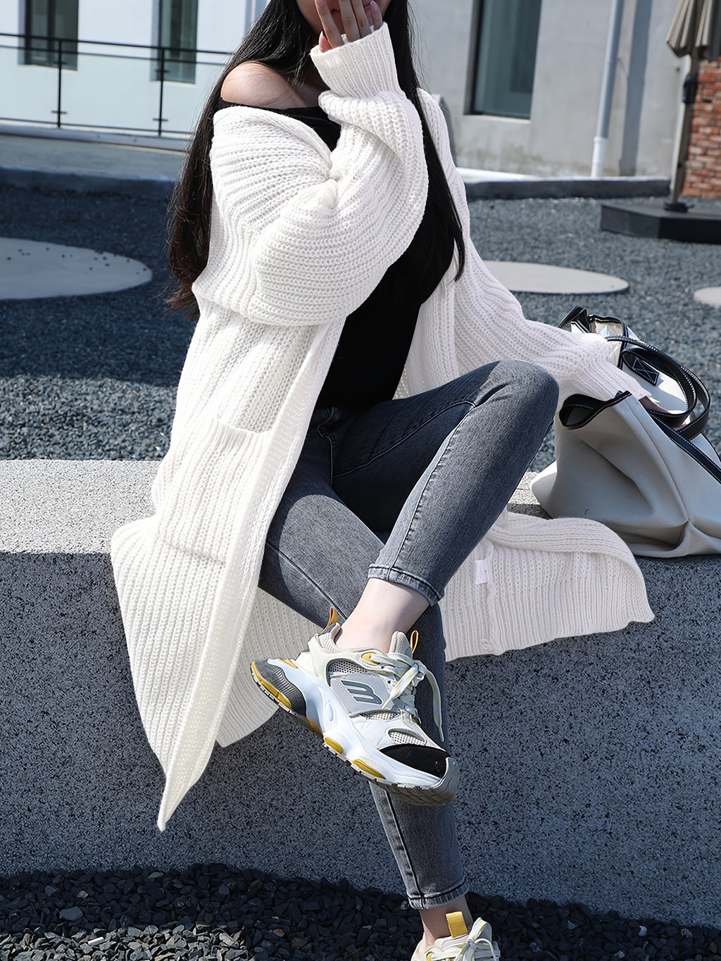 Plus Size, Solid Color Plus-Size Women's Long Pocket Cardigan Loose Over-the-Knee Sweater Coat Fashion Versatile Outerwear - product image 7