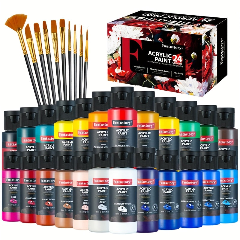 Fantastory 24 Colors Professional Acrylic Paint Set, 2oz/60ml Large Volume Rich Pigment Artist Paints with 12 Brushes, Thick & Vibrant Acrylic Paint for - product image