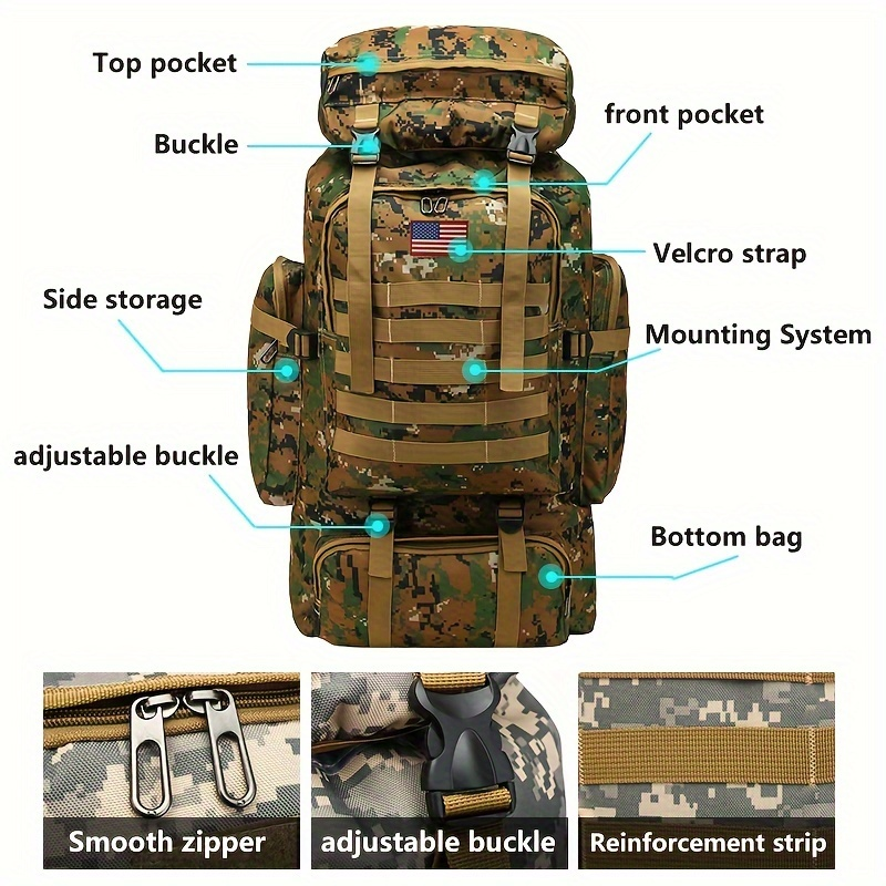 Tactical 3-Day Assault Pack Oxford Fabric DIY System for Camping Hunting Travel Unisex – Military Hiking Backpack 80L - product image 13