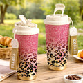Pink Glitter & Golden Leopard Print, Leak-Proof Collapsible Straw Lid, Keep Hot 12H Cold 24H, Trendy Travel Coffee Cup Gift for Women | Insulated Stainless Steel Tumbler 18oz