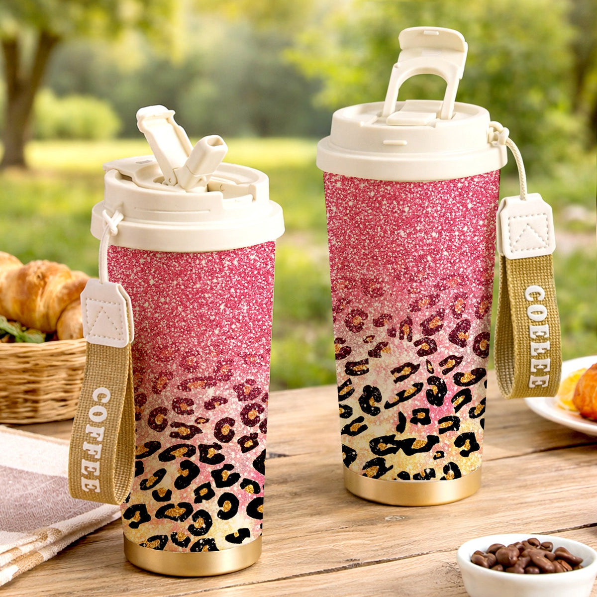 Pink Glitter & Golden Leopard Print, Leak-Proof Collapsible Straw Lid, Keep Hot 12H Cold 24H, Trendy Travel Coffee Cup Gift for Women | Insulated Stainless Steel Tumbler 18oz