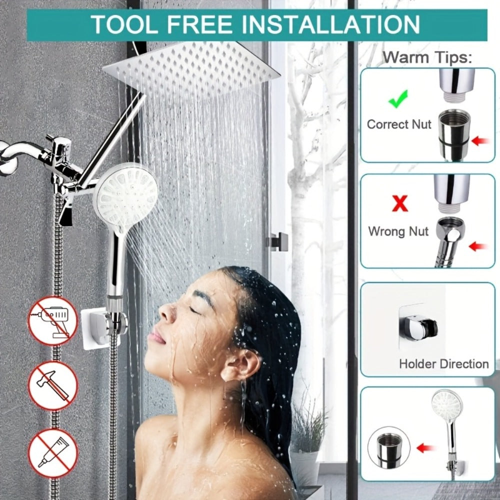 Rainfall Handheld Shower Combo 9-Setting – High Pressure 11" Extension Arm Leak-Proof Wall Mount 8 10 12 Inch Chrome Black - product image 2
