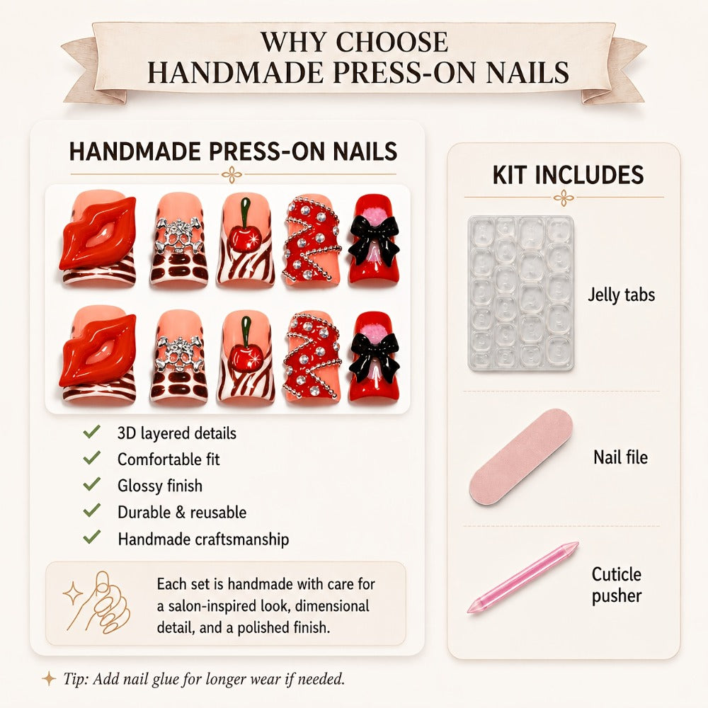 Short Duckbill Press On Nails 3D Red Lips Skull Cherry Bow Rhinestone – Zebra Stripe Polka Dot Sweet Cool Acrylic Nail Art Set for Party, Date Night & Daily Wear, 10pcs S/M/L with  - product image 6