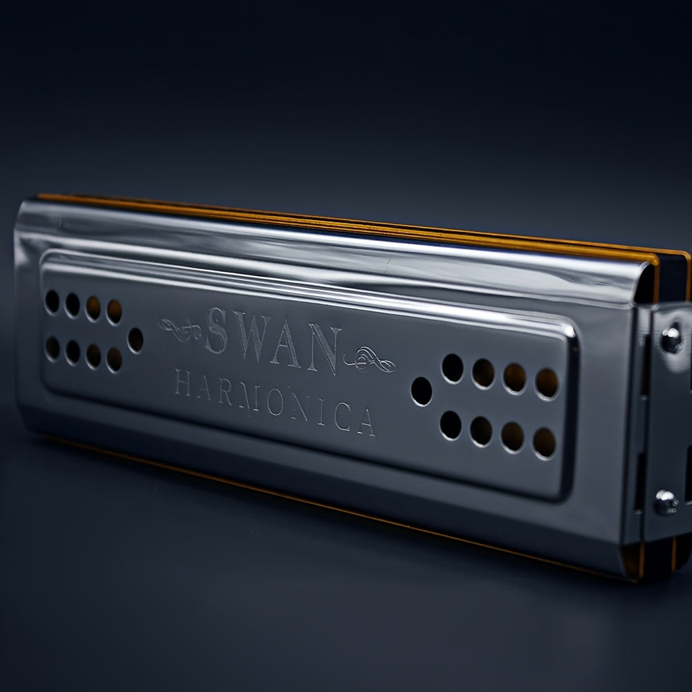 Swan 24-Hole C&G Tuned Diatonic Harmonica, Double-sided Metal with Polished Finish, Includes Cleaning Cloth and Box (Cleaning Cloth Color May Vary) - Swan Harmonica for Beginners and Professionals