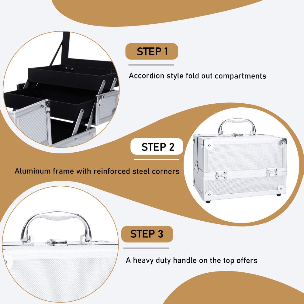 Aluminum Makeup Train Case with Wheels Large Capacity Lockable Cosmetic Trolley Organizer Adjustable Dividers Retractable Handle for Makeup Artists Salon Travel Black Silver Pink B - product image 15