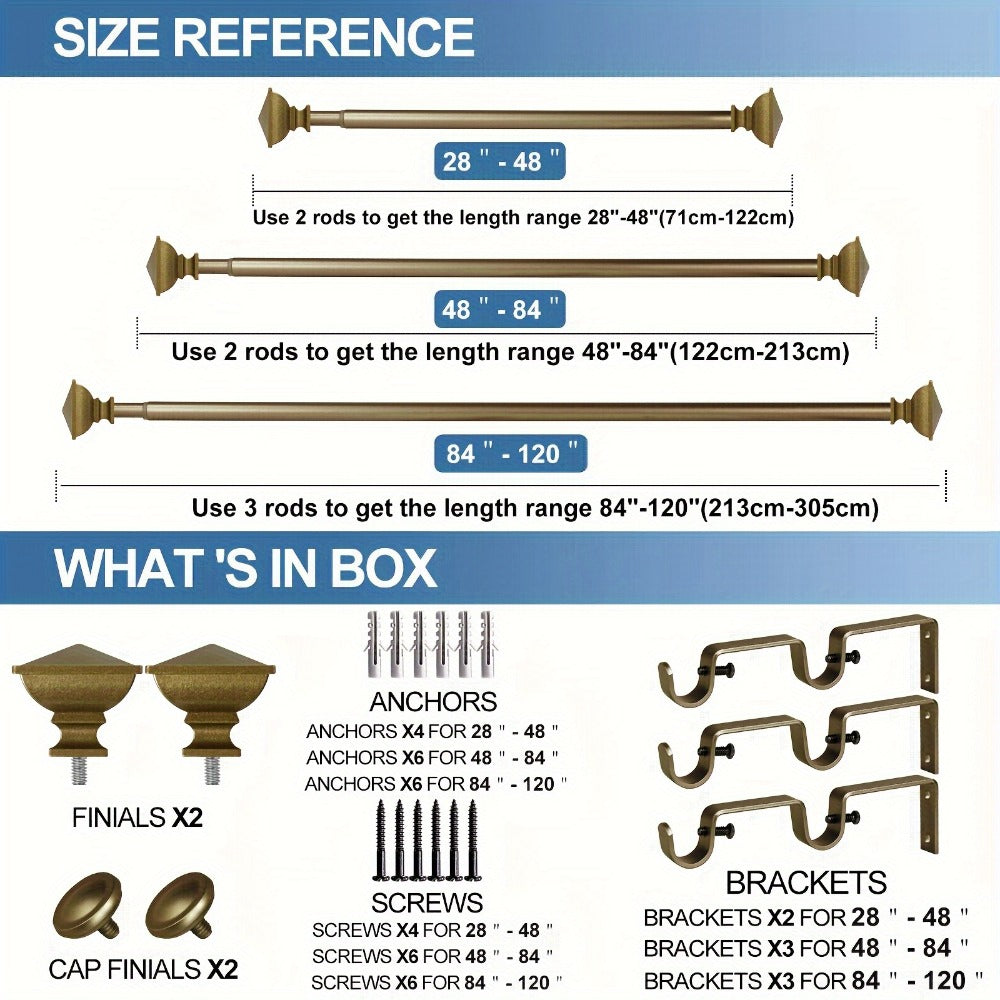 Double Curtain Rod Set with Square Urn Finials Adjustable Double Drapery Rod 5 Finishes 2 Sizes Window Curtain Hardware Easy Install - product image 3