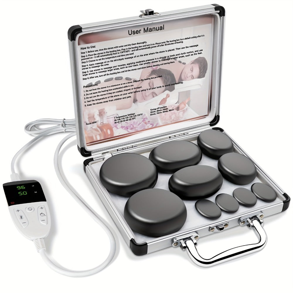 Spa Hot Stone Massage Set with Heater & Temperature Control — 10 Basalt Stones, 2 Size Options, Professional Kit for Full Body Muscle Relief, Home & Salon Use - product image