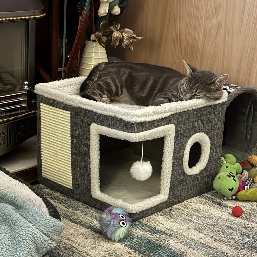 Cat House Collapsible Multi-Layer 2-Tier Bed Toy Tunnel Scratching Post Plush Hanging Ball Canvas Nylon Frame All-Season Indoor Cat Cube Enclosure Gray Classic - product image 5