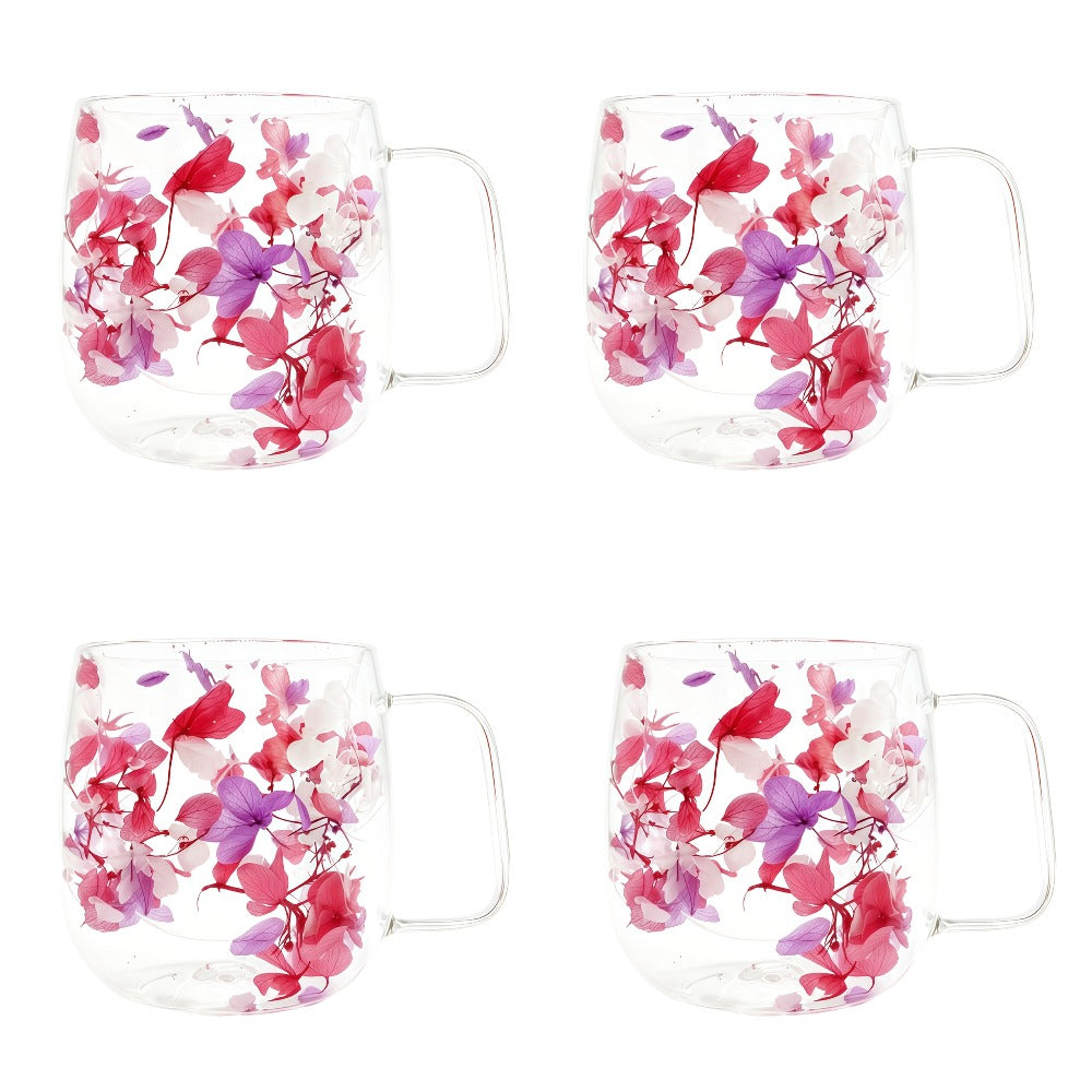 Double Wall Glass Coffee Cups with Handle Set of 4 – Borosilicate Thermal Mugs for Latte Cappuccino Tea | Dried Flower & Petal Design Transparent Drinkware for Office Home Gifts - product image 7