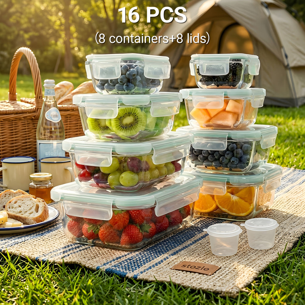 8 Lids & 8 Containers, Leak-Proof Sealed Picnic Lunch Box for Salad, Fruit, Vegetables & Sandwiches, Long-lasting Outdoor Food Prep Containers | Airtight Glass Food Storage Containers 16-Piece Set with Vented Lids