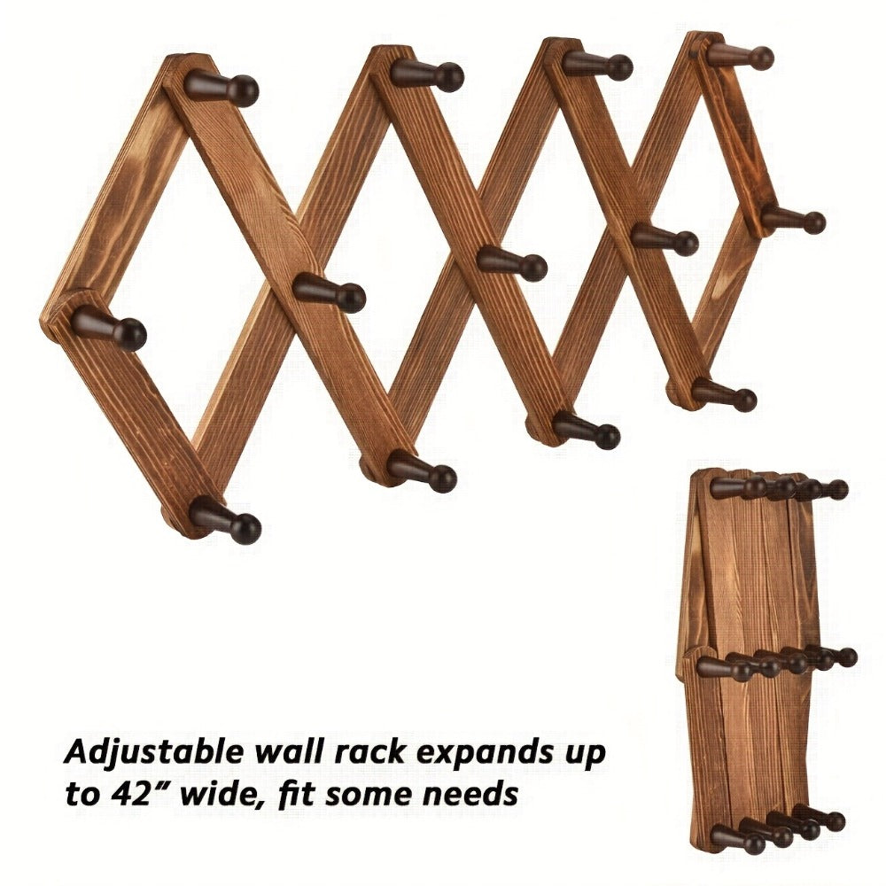 Wall Hat Rack Expandable Wood Accordion Hanger - 13 Hooks for Baseball Caps Coats Scarves Jewelry, Vintage Entryway Hallway Organizer - product image 3