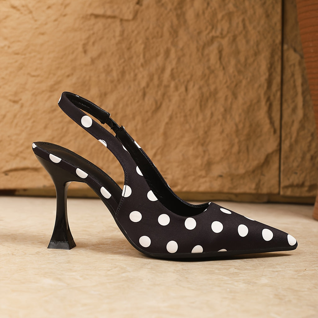 Polka Dot Pointed Toe Women's Sandals, Horn Slim Heels Comfortable, Black and White Classic Color Casual Women's High Heels, Retro and Fashionable Daily Commuting Style