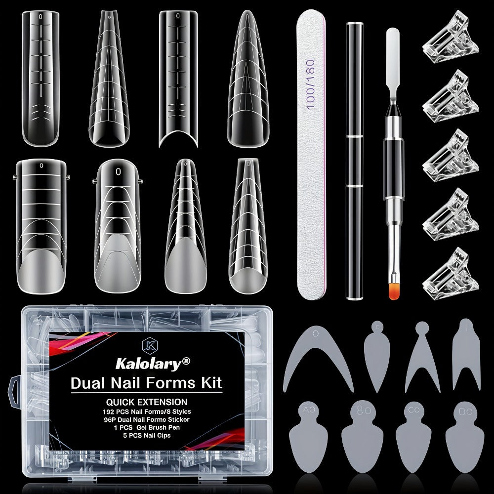 Poly Gel Nail Extension Form Kit - 192pcs Dual Forms, 96pcs Reusable Pads, 8 Shapes Acrylic Mold, Brush Pen, Files & Clips, Complete French Nail Extension Beginner Set for Home Sal - product image