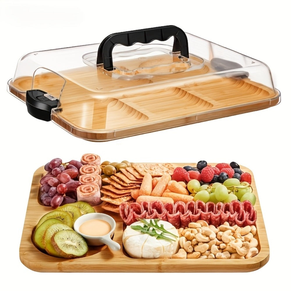 Bamboo Charcuterie Board with Acrylic Lid 8 Compartment, Portable Cheese Tray & Deli Platter with Snap-On Cover for Parties, Camping, Restaurants & Holiday Appetizers - product image