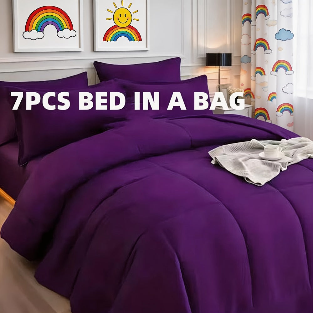 Comforter Set 7 Piece Bed in a Bag Full Queen King Soft Satin-Like Fabric with Fitted Sheet Flat Sheet Pillowcases Breathable Bedding Set for Bedroom Hotel - product image