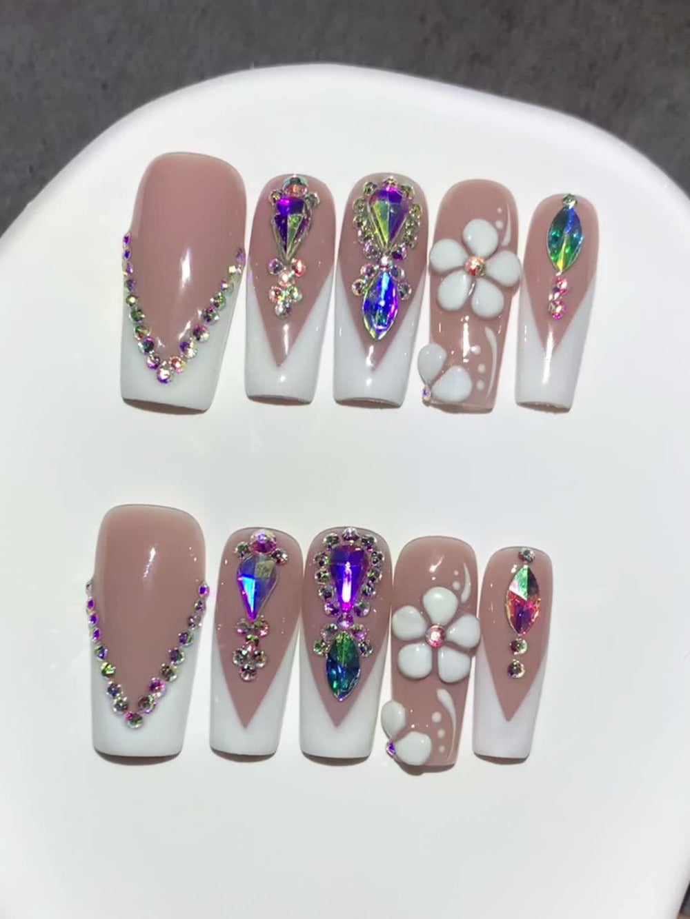 Press On Nails Square French Tip with AB Rhinestone & Handcrafted Floral Design – Nude White Glossy Luxury Nail Set 10pcs S/M/L for Wedding Bridal Party - product image 11