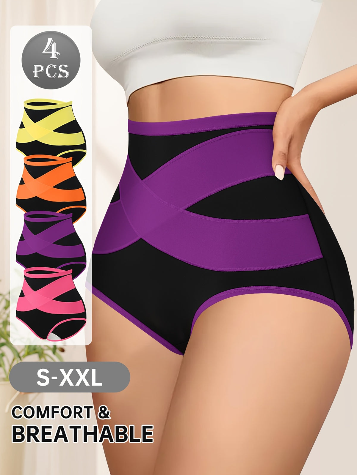 4pcs Women's High-Waisted Tummy Underwear - Shaping Panties with Cross Waistband, Breathable Mesh Wrap-Around Belly, Polyester-Spandex Blend Suitable for Home - product image 2