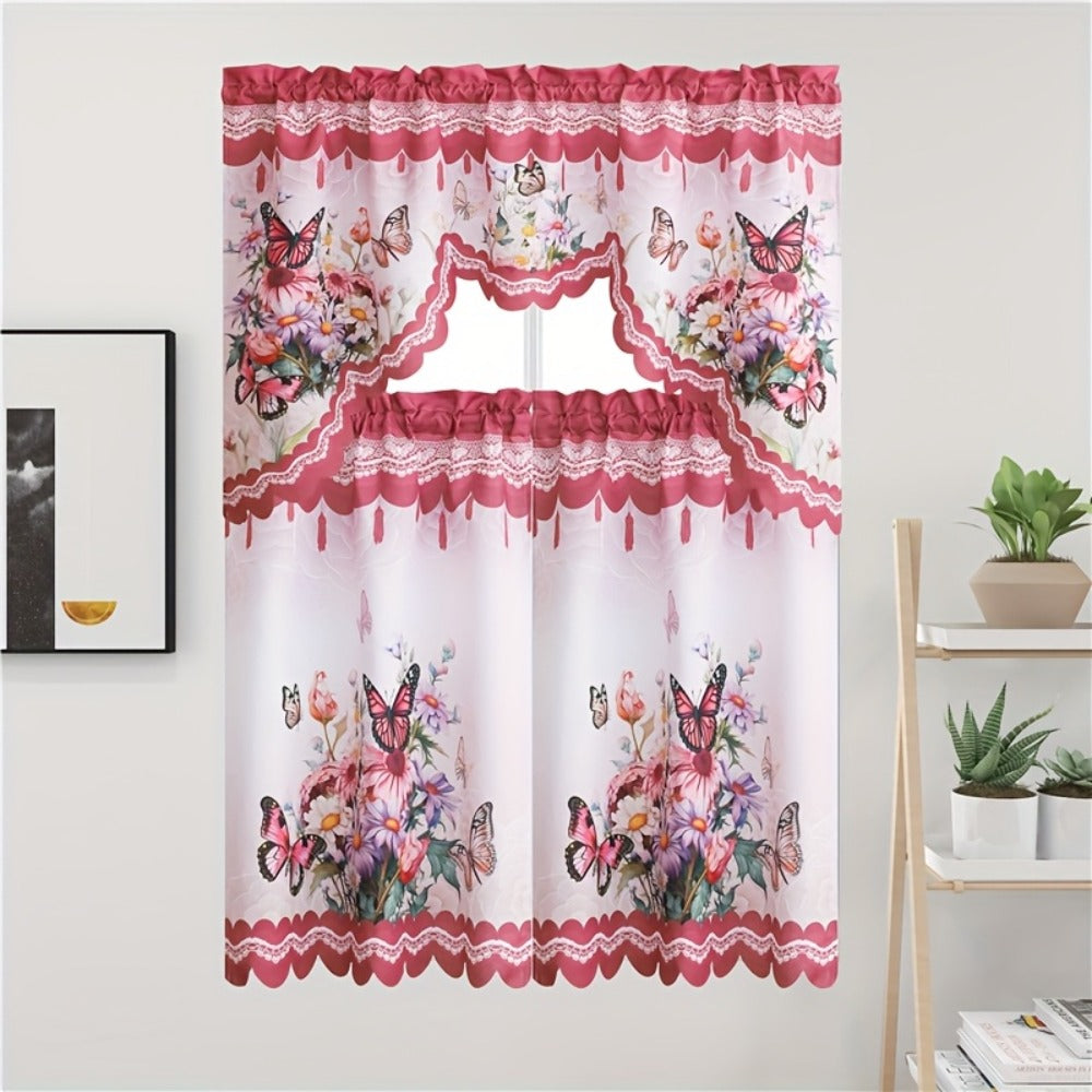 Blackout Kitchen Curtains 3-Piece Set with Butterfly Floral Print - Rod Pocket Window Curtains for Kitchen, Living Room, Bedroom, Bathroom & Restaurant, Polyester Fabric, Machine W - product image