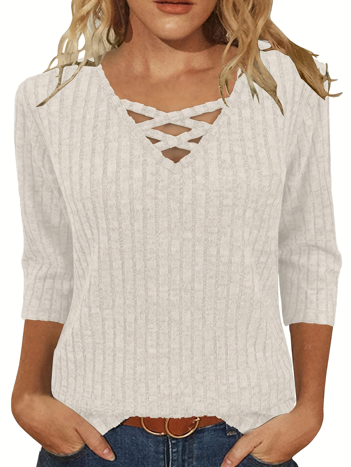 Casual Pullover with 3/4 Sleeves for Women, Featuring a Light and Loose Fit, and a Cross V-Neck Design - product image 2