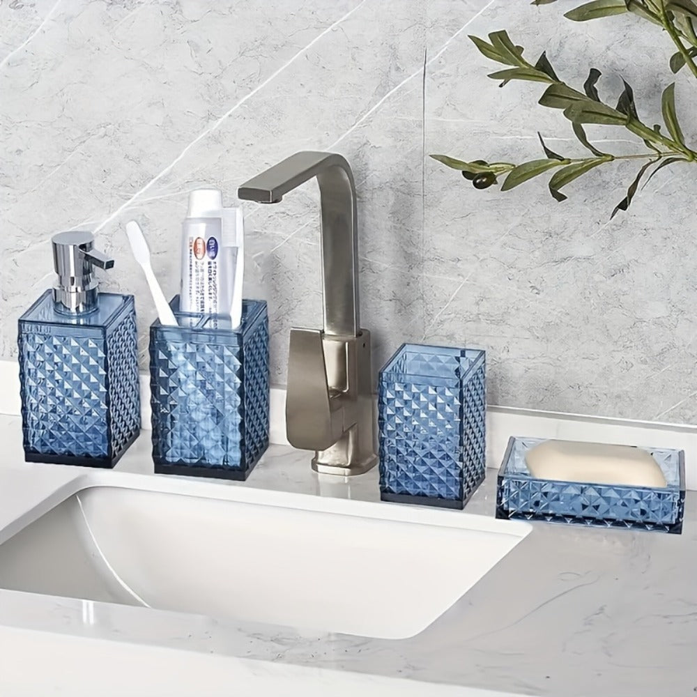 Bathroom Accessories Set 4-Piece Diamond Grid Plastic Organizer Soap Dispenser Toothbrush Holder Grey Blue Green - product image 7