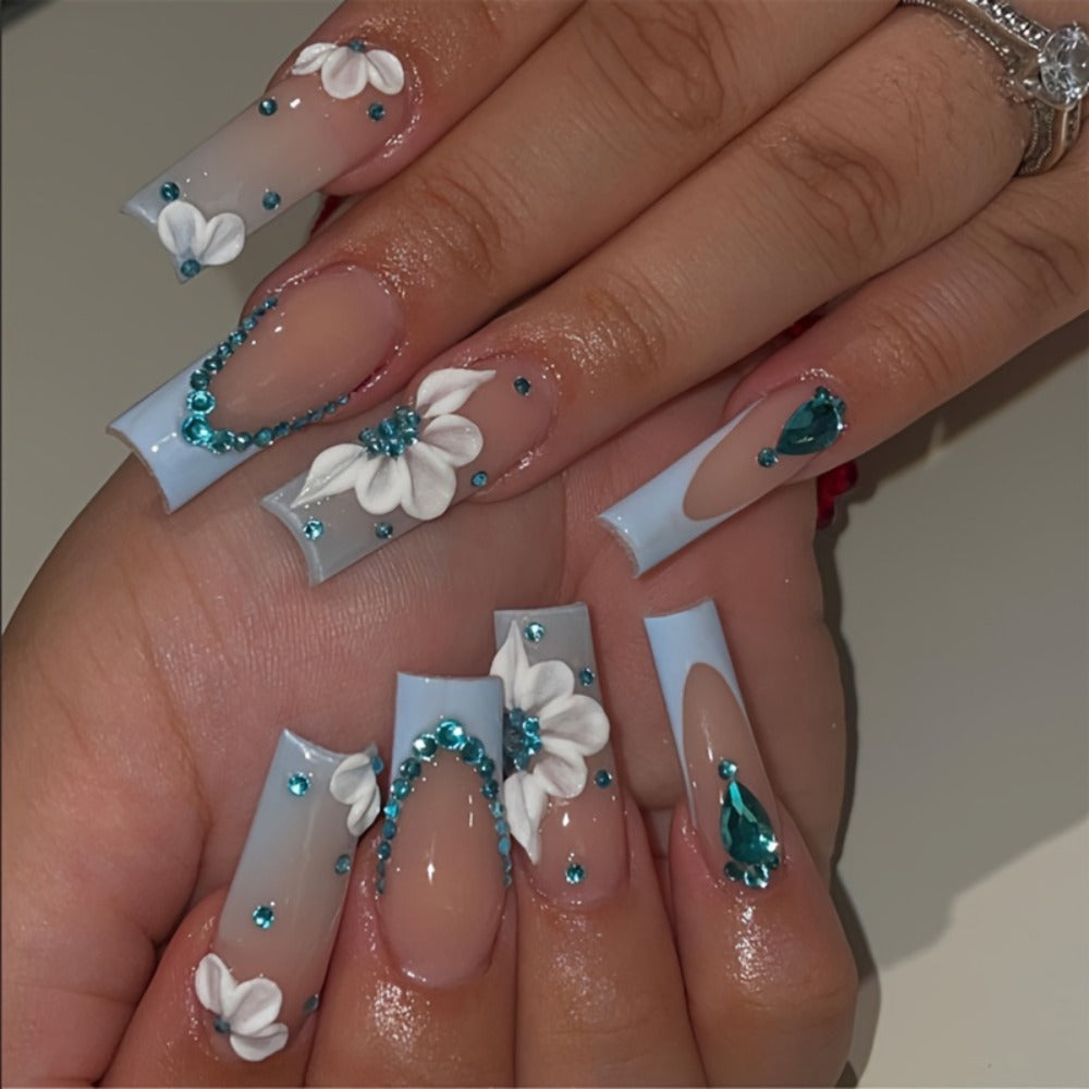 Long Ballerina Press On Nails 96 Pieces 4 Packs + 4 Bracelets Gift Set – Blue Gradient 3D Flower Butterfly Rhinestone Glossy Full Cover False Nails & Beaded Bangles for Women Girls - product image 6
