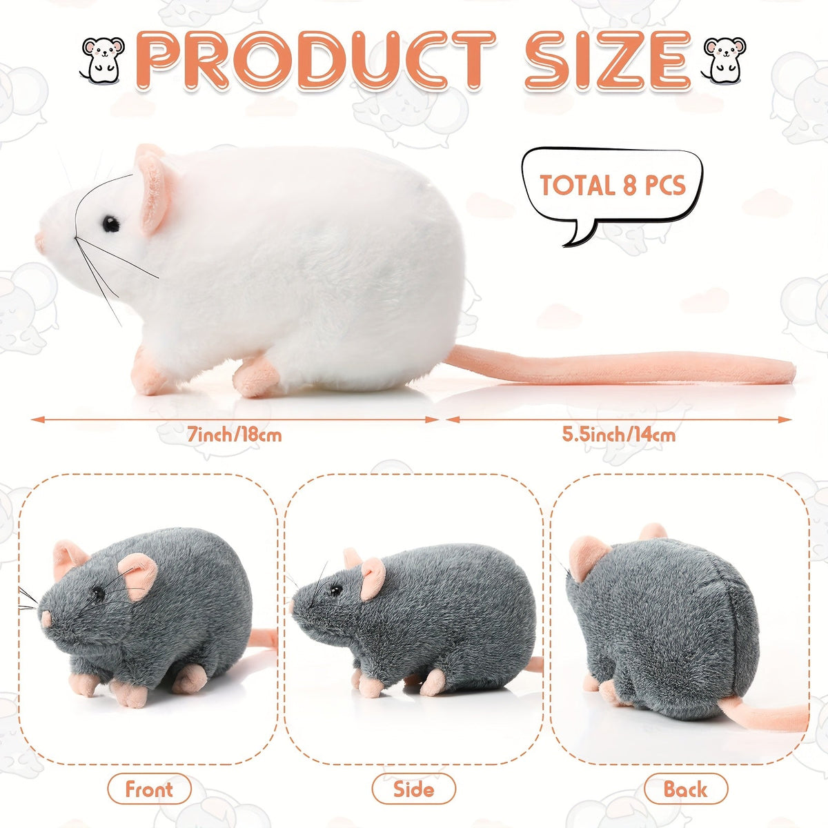 7 Inch Plush Mouse Toys for Cats, Cuddly Lifelike Mice Bulk Set in Mixed Colors – Realistic Fake Rat Cat Toys 8-Pack - product image 2