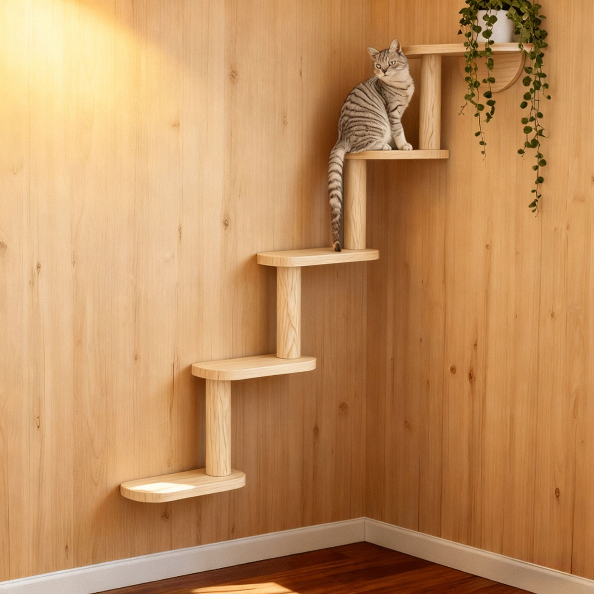 Wall-Mounted Cat Tree 5 Layers Solid Wood Indoor Cat Climbing Frame Jumping Platform Ladder Space-Saving for Small Spaces Multi-Cat Homes Living Room Bedroom - product image