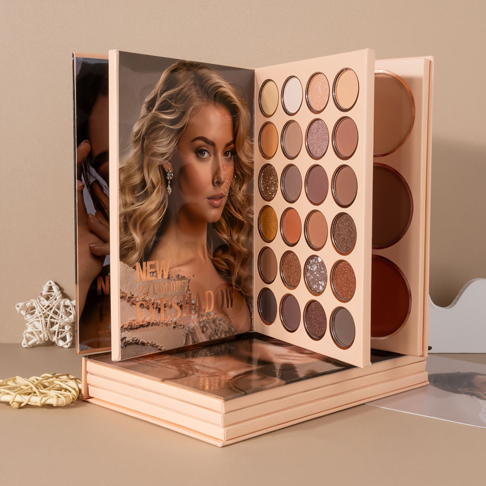 3-in-1 Eyeshadow Blush Highlighter Palette Loose Powder Book-Style Folding Compact Moisturizing Buildable Pigment Luminous Finish for Daily Glam Travel Gift Women - product image