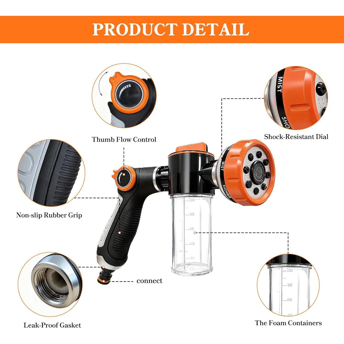 Dog Wash Hose Attachment 8-in-1 Spray Nozzle with 100cc Soap Dispenser | Pet Shower Sprayer for Bathing Dogs, Car Wash & Garden Watering