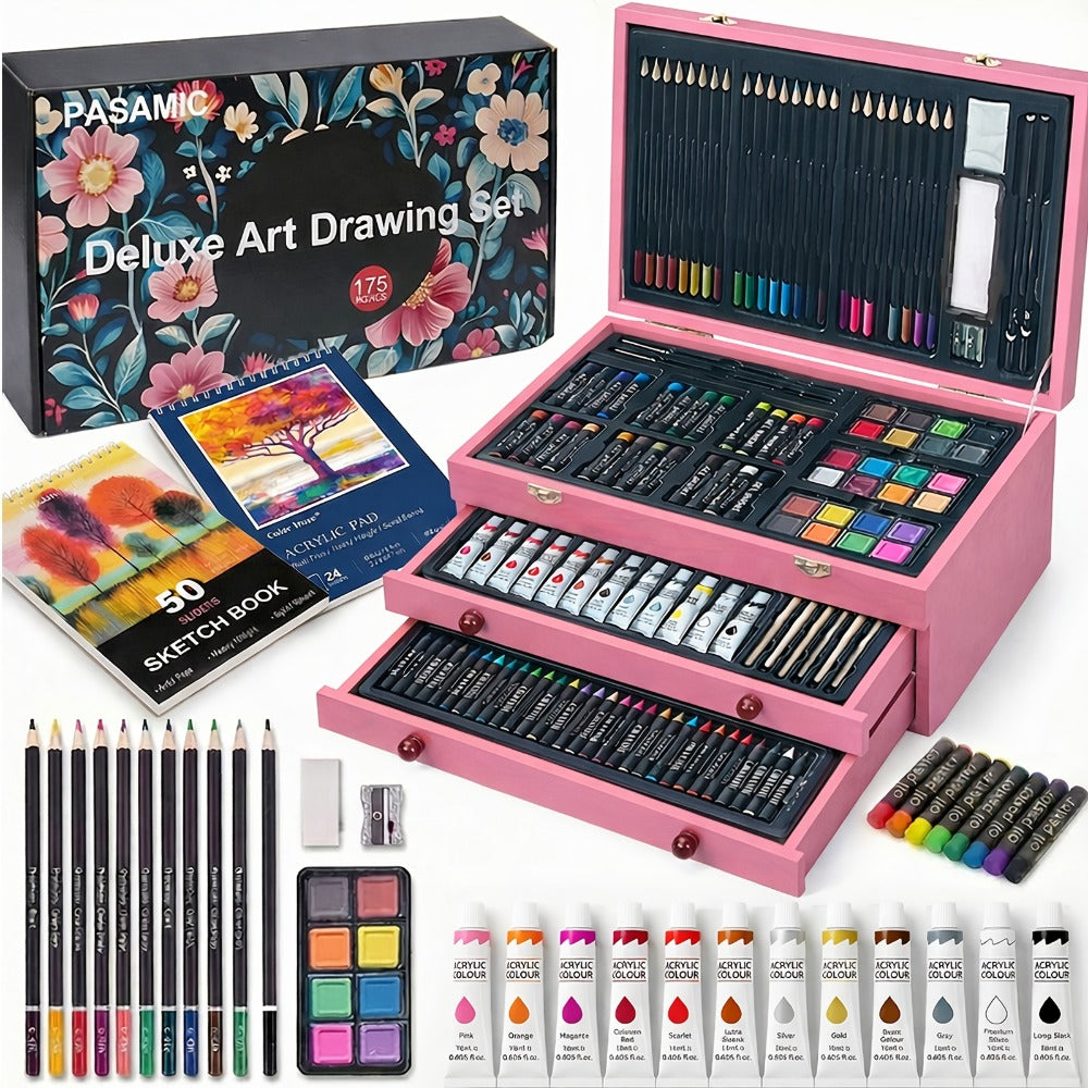 172 Piece Deluxe Art Set in Wooden Case with 2 Drawing Pads Crayons Acrylic Paints Colored Pencils Professional Art Kit Gift Box for Artists Beginners Ages 8+ Birthday Christmas for Festive Home Decor
