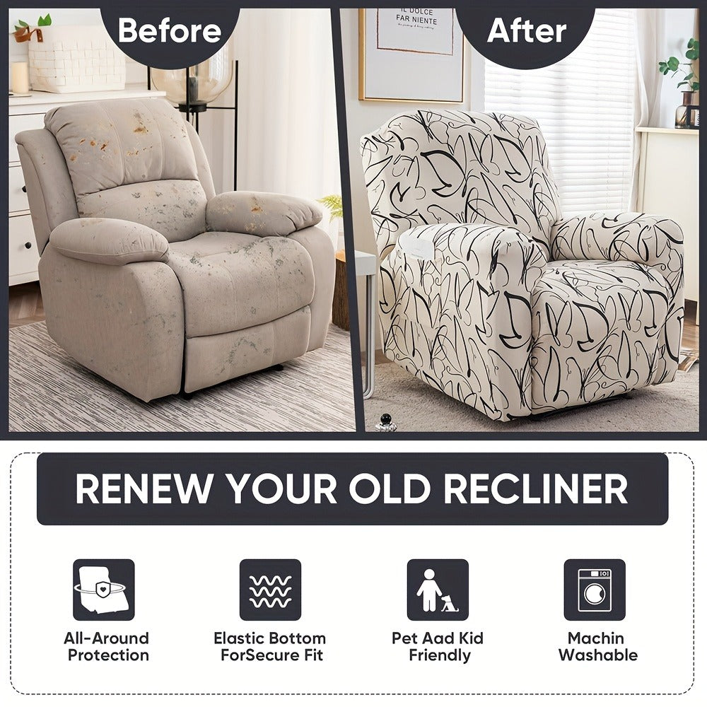 Recliner Slipcover 4pcs Extra Large with Pocket - Spandex Stretch Four Seasons Furniture Protector | Botanical Geometric Prints | Living Room Home Decor Sofa Chair Cover - product image 10