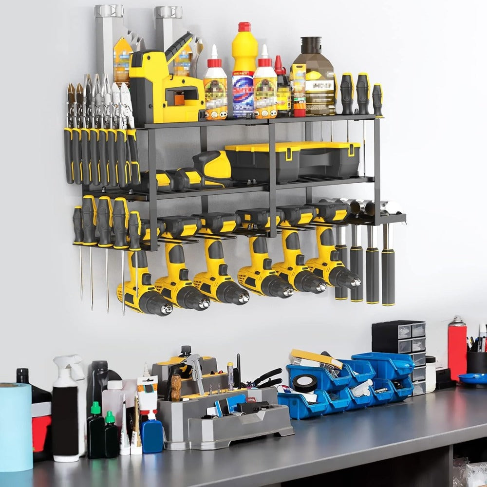 Power Drill Holder Wall Mount – Heavy Duty Tool Storage Rack with 3/4 Layer Floating Shelf | Cordless Drill Organizer | 4/6/8 Drill Holders Workshop Tool Rack for Garage & Workshop - product image