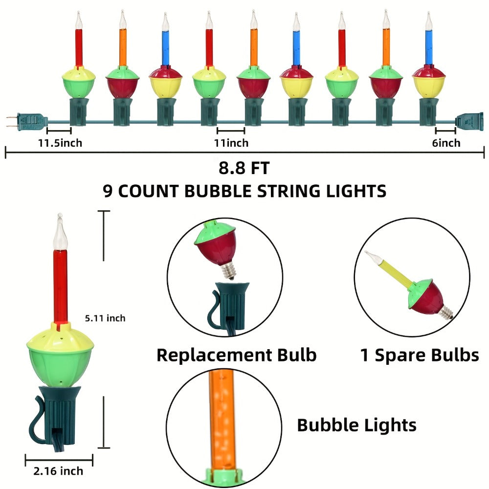 Christmas Bubble Lights 9 Pack Retro Multi Color | 8.8 Inch 5W E12 Base with 10 Bubble Bulbs 1 Spare | Vintage Holiday Christmas Tree Decoration Lights Green - product image 3