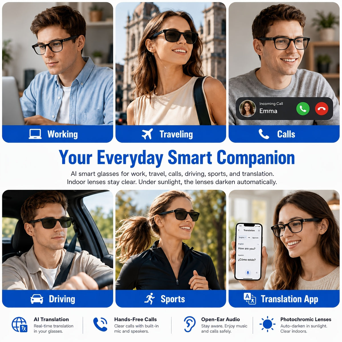 2026 AI Smart Translation Glasses, 160+ Languages Real-Time & Video Translation, Photochromic Blue-Light Lenses, Open-Ear Audio, Touch Control, Hands-Free Calls & Music