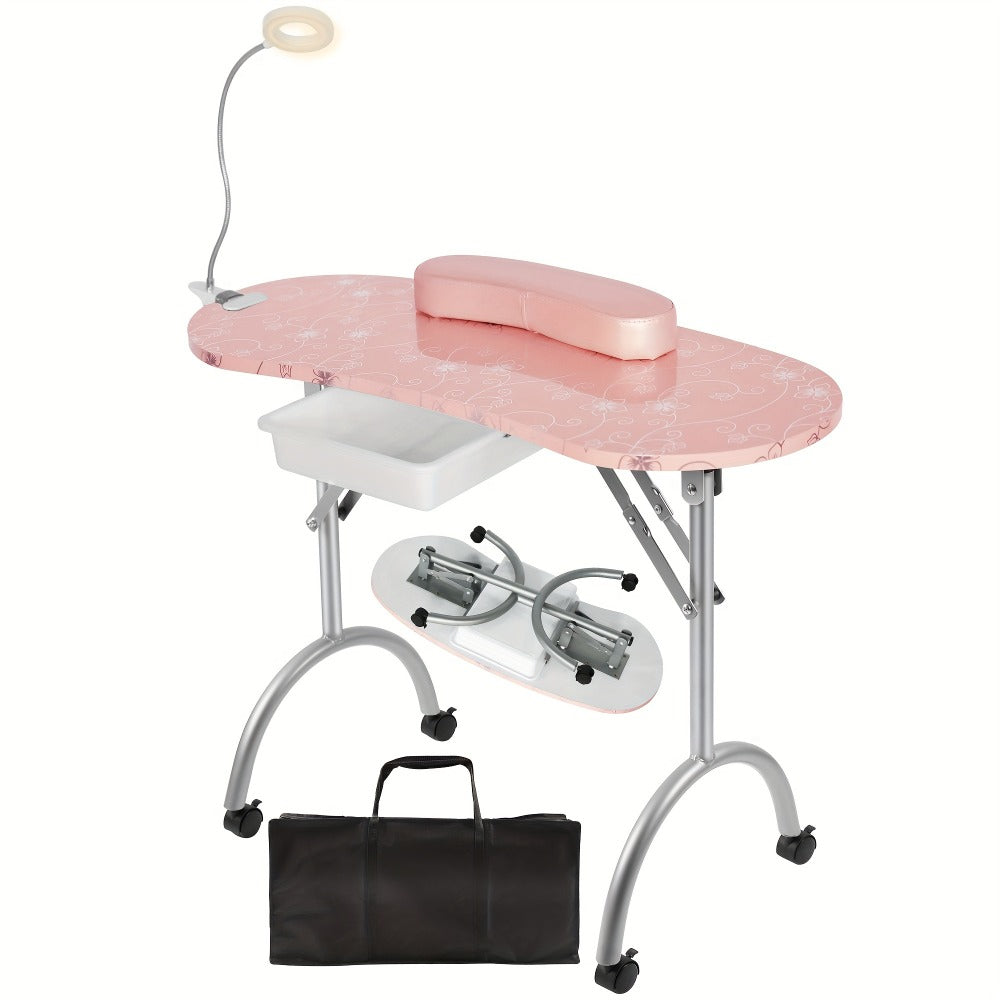Foldable Nail Table with LED Lamp Drawer Lockable Wheels Wrist Cushion & Carrying Bag – Portable Manicure Station for Nail Salon Technician Home Studio White - product image