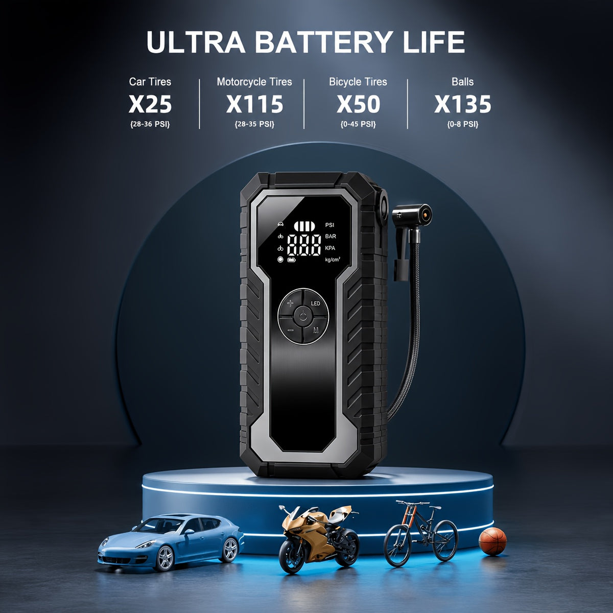 Portable Tire Inflator with Digital Pressure Gauge, Portable Air Compressor, 150PSI/210 PSI, 22 Cylinders, Built-In 12V Car Emergency Jump Starter and Battery - product image 6