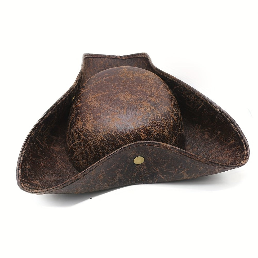 Pirate Tricorn Hat Faux Leather Wide Brim | Vintage Distressed Pirate Hat for Men Women, Halloween Costume, Cosplay, Renaissance Fair & Themed Party Accessory, Black & Brown