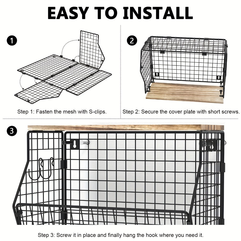 Stackable Metal Wire Fruit Basket with Lid – 1 or 2-Tier Hanging Kitchen Pantry Storage Bin, Wall-Mounted or Countertop Vegetable Organizer for Potato, Onion & Produce, Black - product image 6
