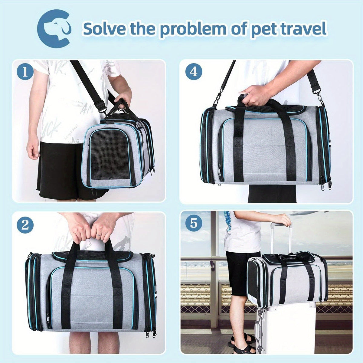 Airline Approved Expandable Pet Carrier Bag – Soft-Sided Polyester Travel Tote for Small Dogs & Cats, Removable Fleece Pad, Reflective Strips, Steel Frame, Top - product image 4