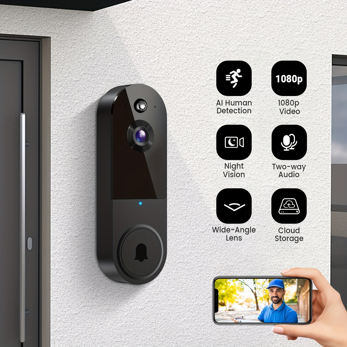 1080P Video Doorbell Camera, Intelligent Body Detection, Cloud Storage, Real-time View, Two-way Audio, Infrared Night Vision, Battery Powered, Monitoring