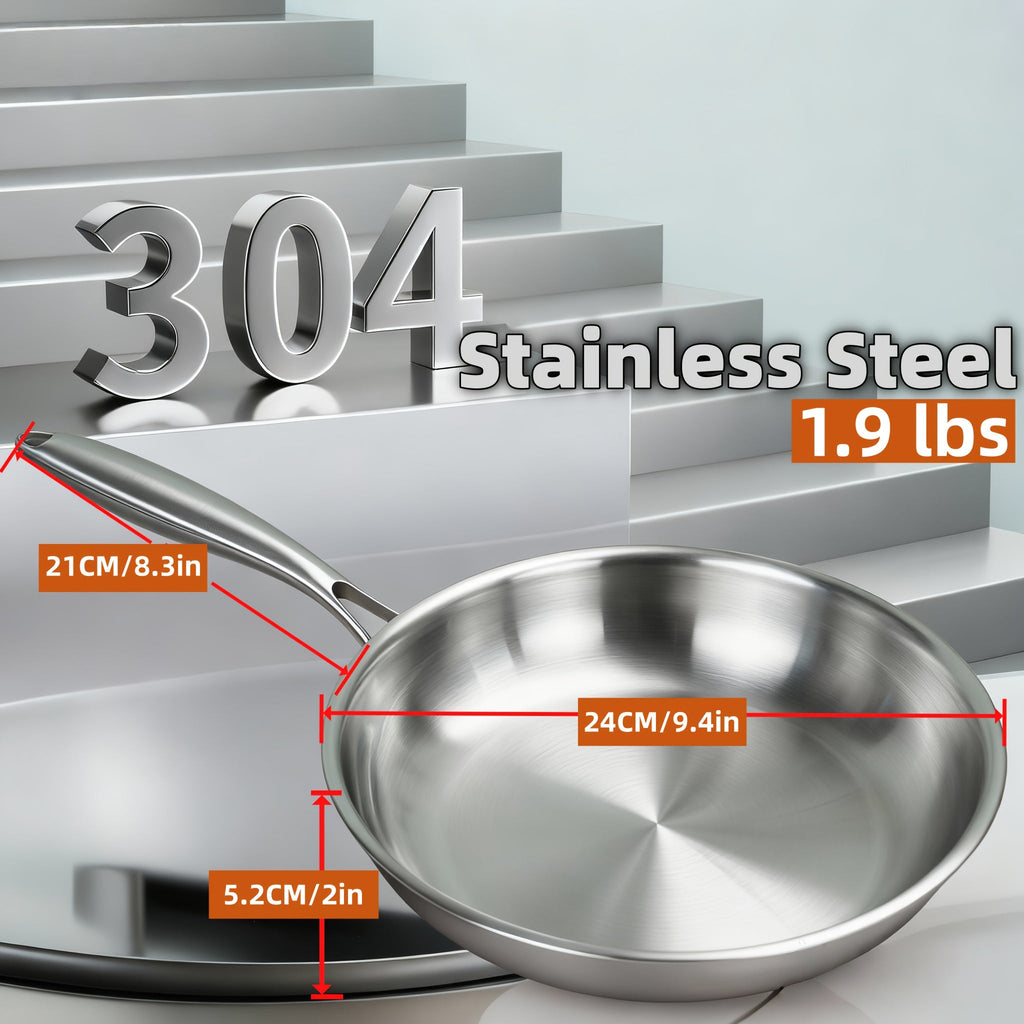 304 Stainless Steel Frying Pan Skillet | 3-Ply Base Even Heat Distribution, Induction & Gas Compatible, Rivet-Free Interior, Healthy Non-Toxic Cooking Cookware for Home Kitchen