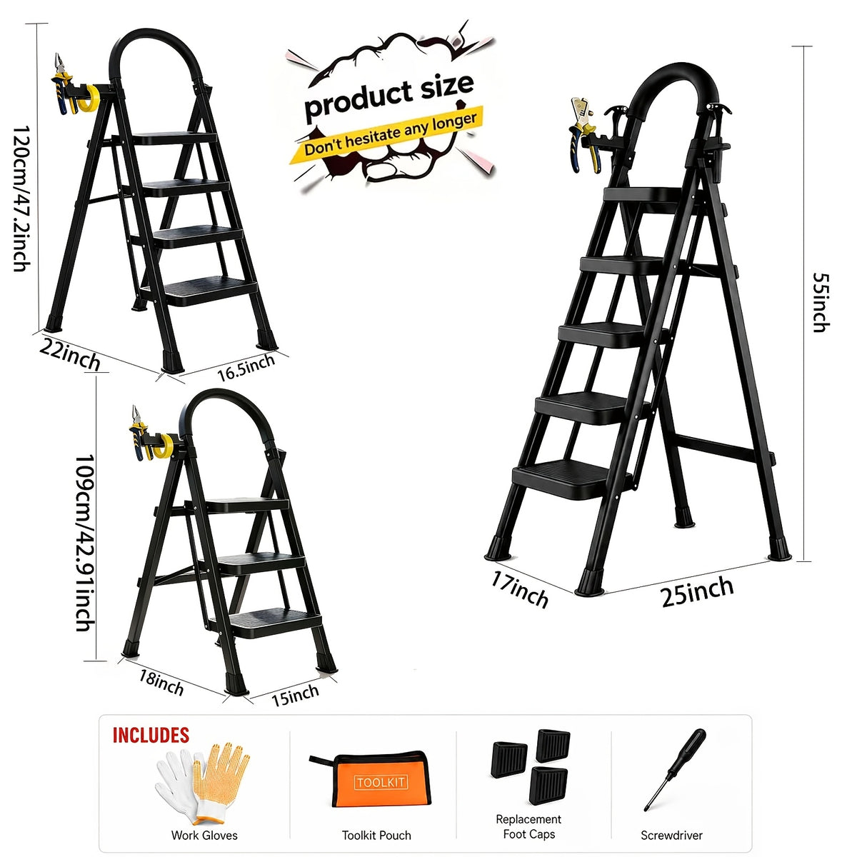 Folding Ladder, 2/3/4/5-Step Ladder, With A Weight Capacity Of 500 Lbs, Anti-Slip Wide Pedals With Safety Locks, Rust-Resistant Material, Suitable For Home - product image 4
