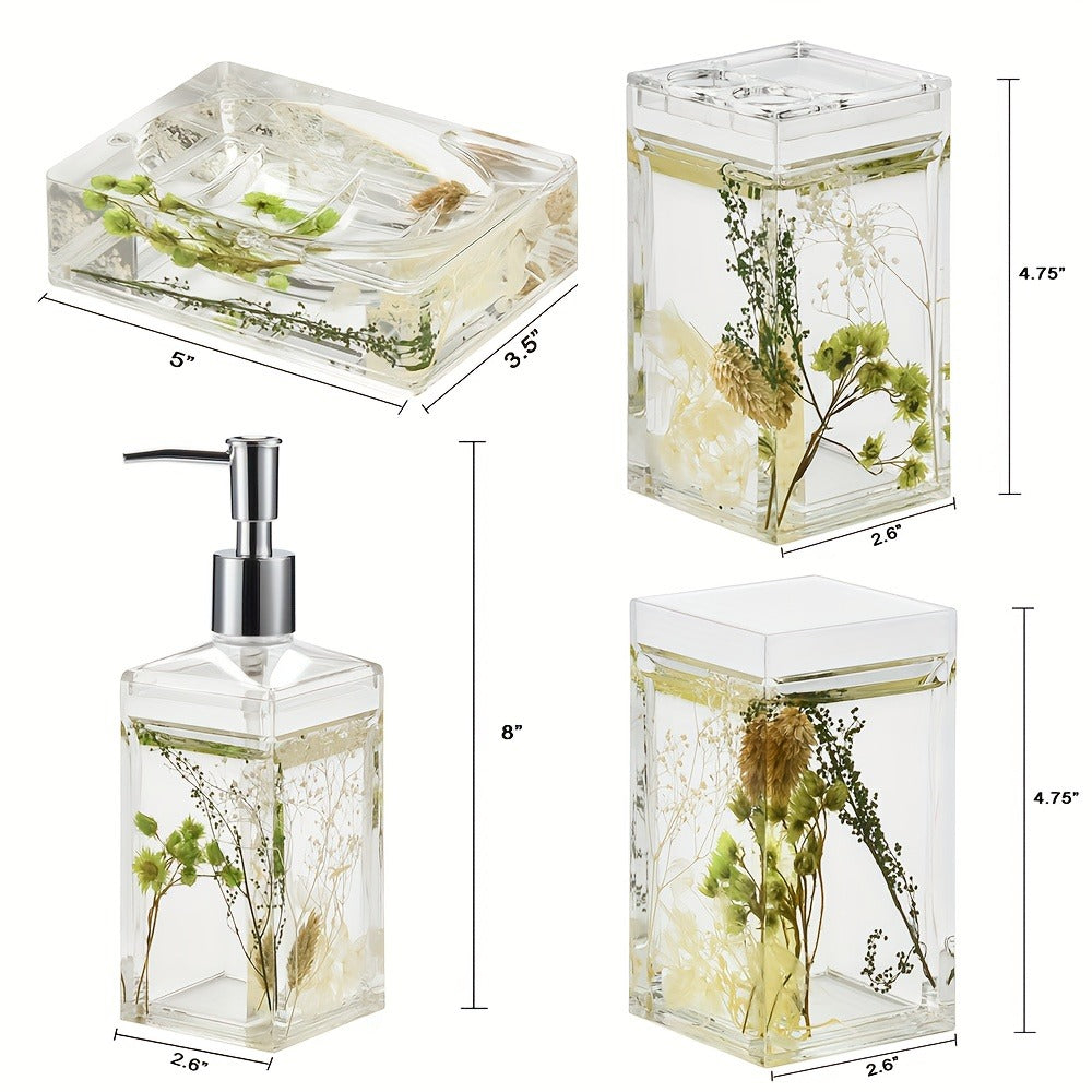 Bathroom Accessory Set 4-Piece 3D Floating Motion Acrylic Liquid Vanity Kit - Tumbler, Toothbrush Holder, Soap Dispenser & Soap Dish, Handcrafted Shell & Leaf Decor, Ocean Dolphin  - product image 2